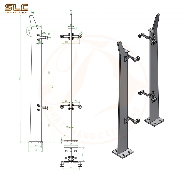 Trụ Lan Can Inox 304 Cao Cấp 1100x100-80x12mm Cho Lan Can Kính Tòa Nhà Cao Tầng