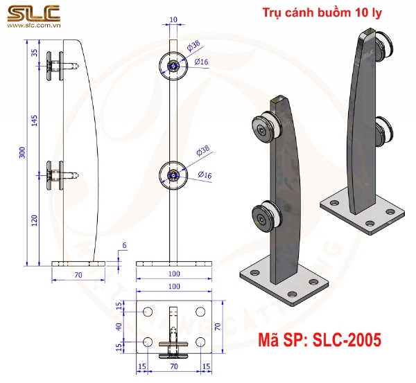 Trụ lùn lan can kính hình cánh buồm inox 10mm – Mã SLC-2005
