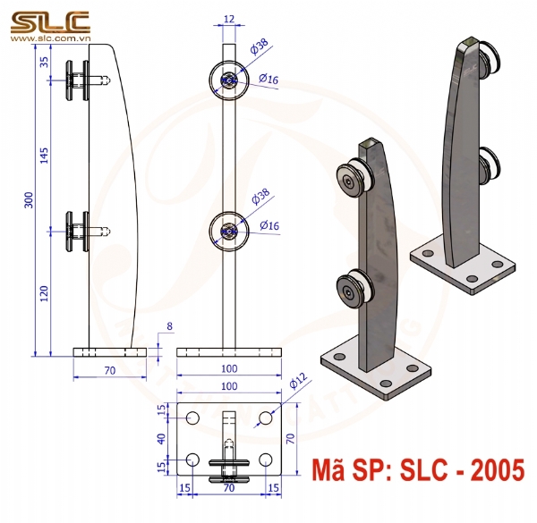 Trụ lùn lan can kính hình cánh buồm inox 12mm – Mã SLC-2004