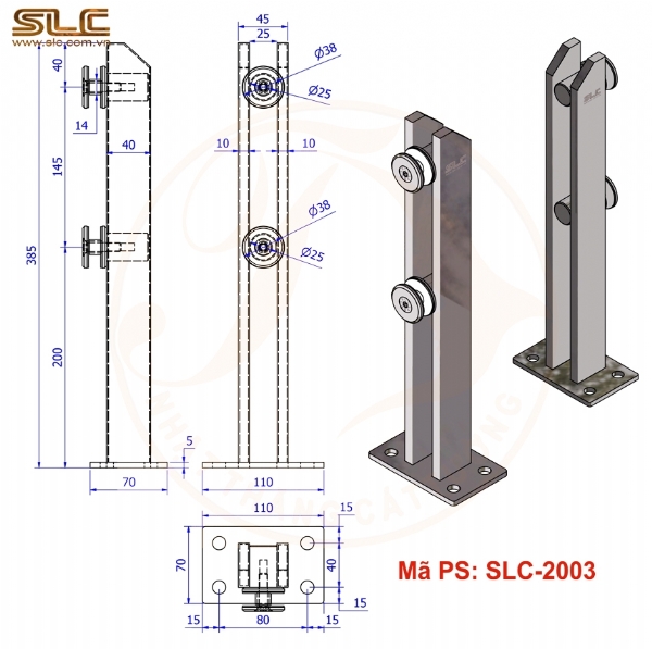 Trụ lùn lan can kính làm tư hộp inox 10x40mm