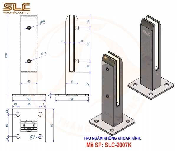 TRỤ NGÀM LAN CAN KHÔNG KHOAN KÍNH 10MM