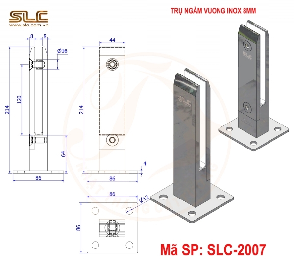 TRU NGÀM LAN CAN KÍNH, LÀM TỪ INOX 8MM