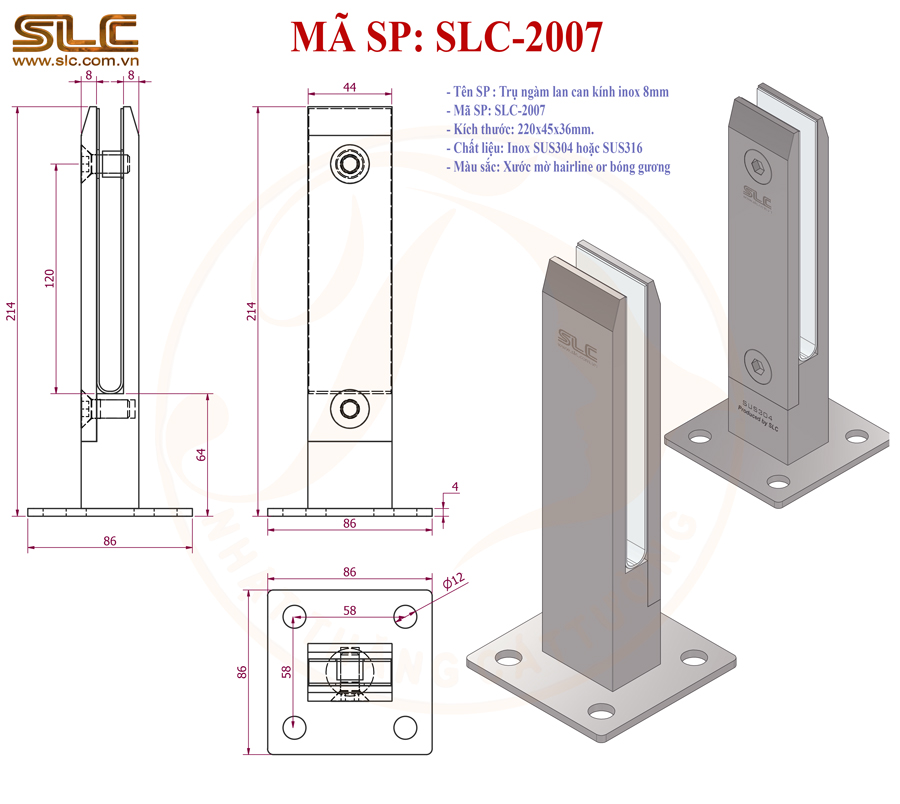 Trụ ngàm lan can inox bề mặt xước mờ hairline